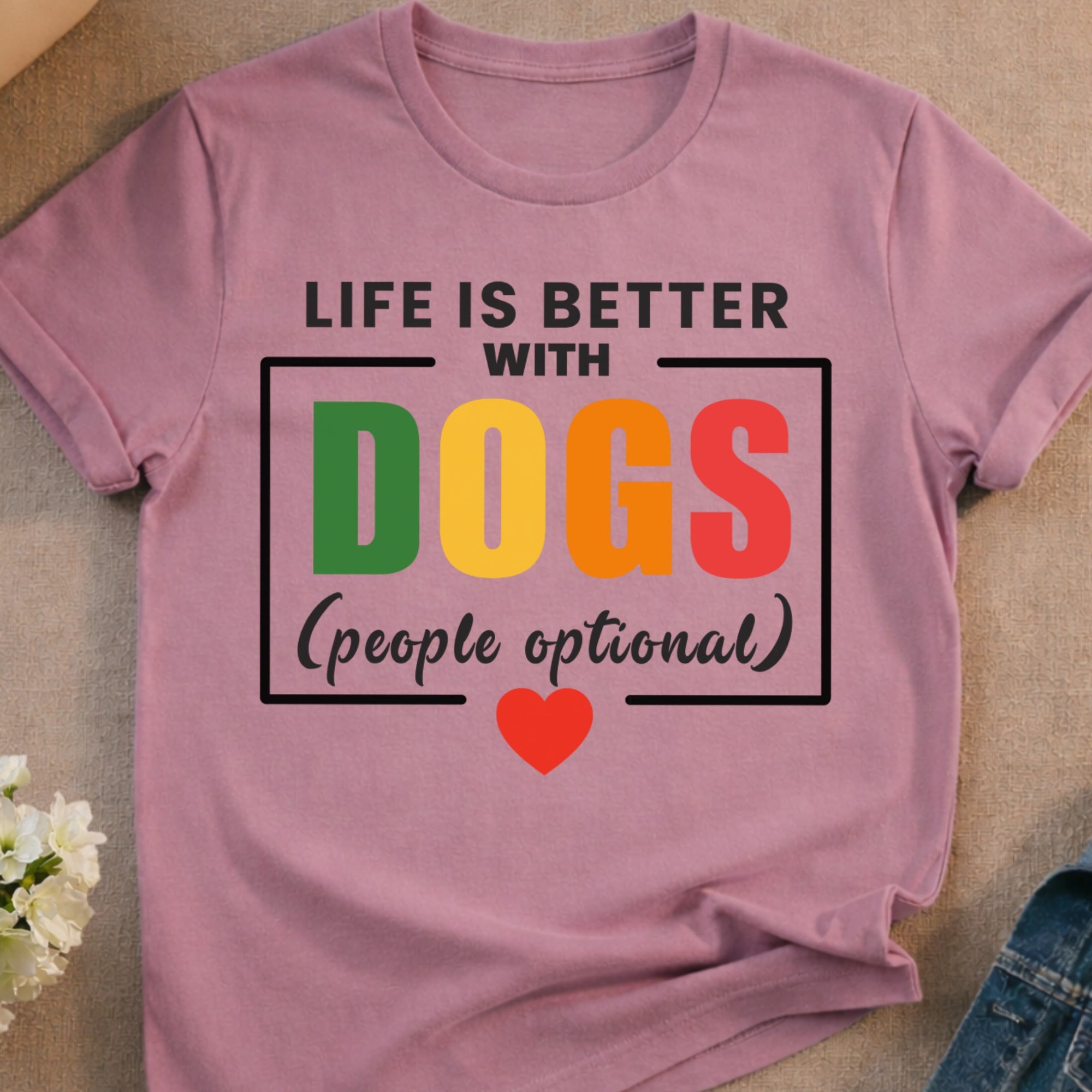 Purple t-shirt with "Life is Better With Dogs" text and heart graphic.