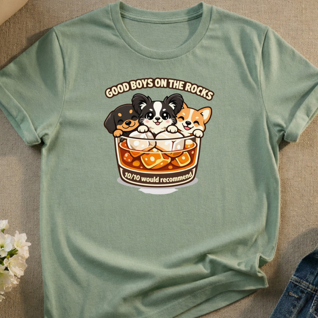 Three puppies in a glass with ice, text "Good Boys on the Rocks".