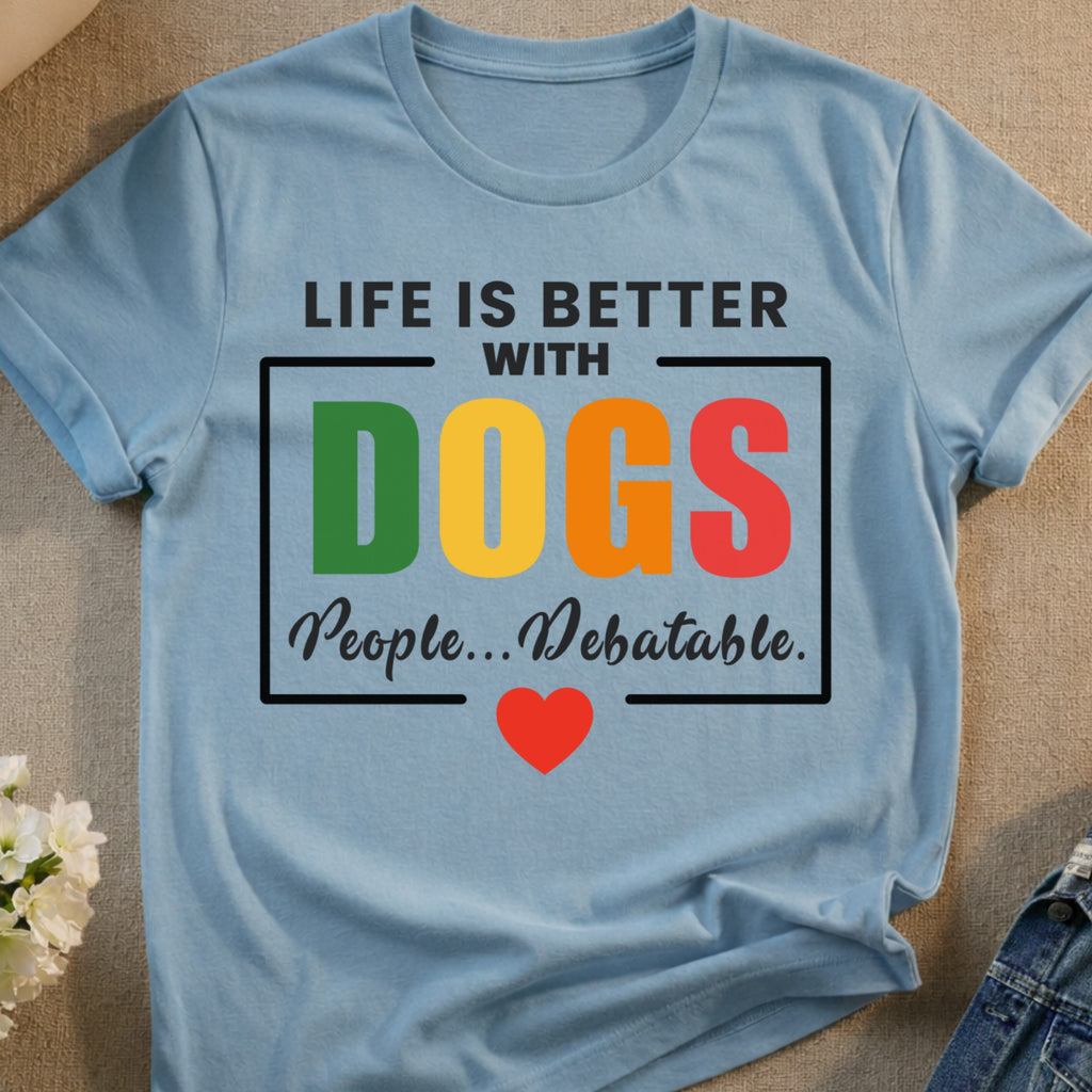 Blue t-shirt with "Life is Better With Dogs. People... Debatable." text and red heart.