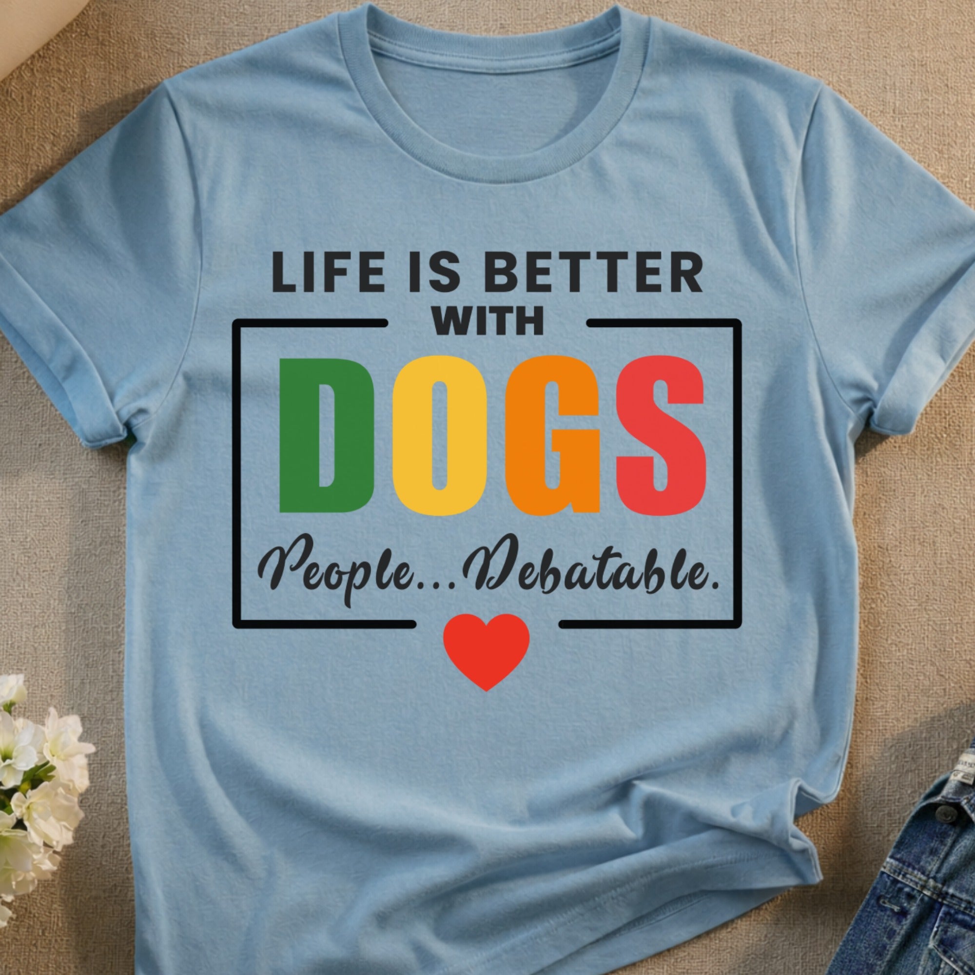 Blue t-shirt with "Life is Better With Dogs. People... Debatable." text and red heart.