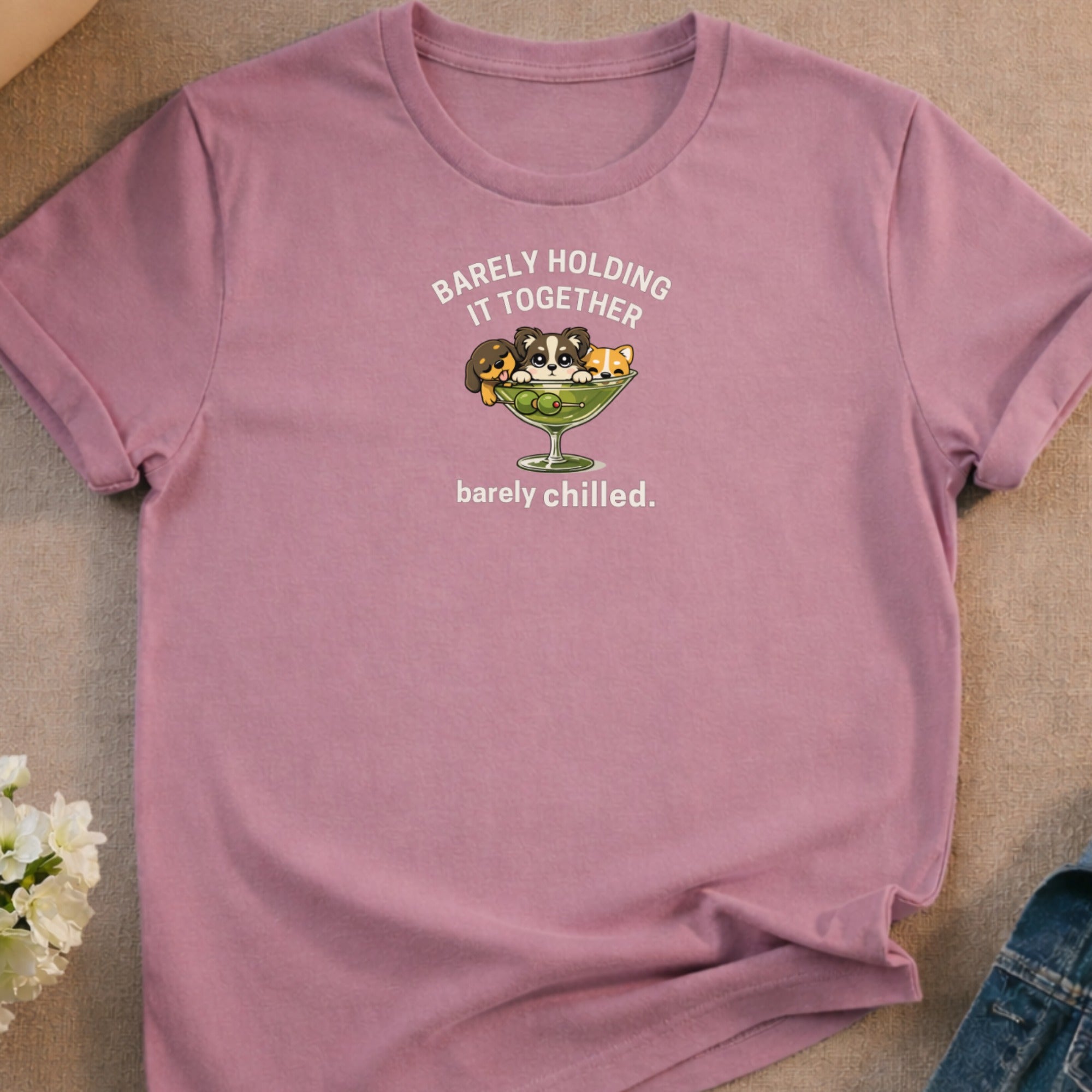 Shirt with graphic of puppies in a martini glass saying "barely holding it together barely chilled."