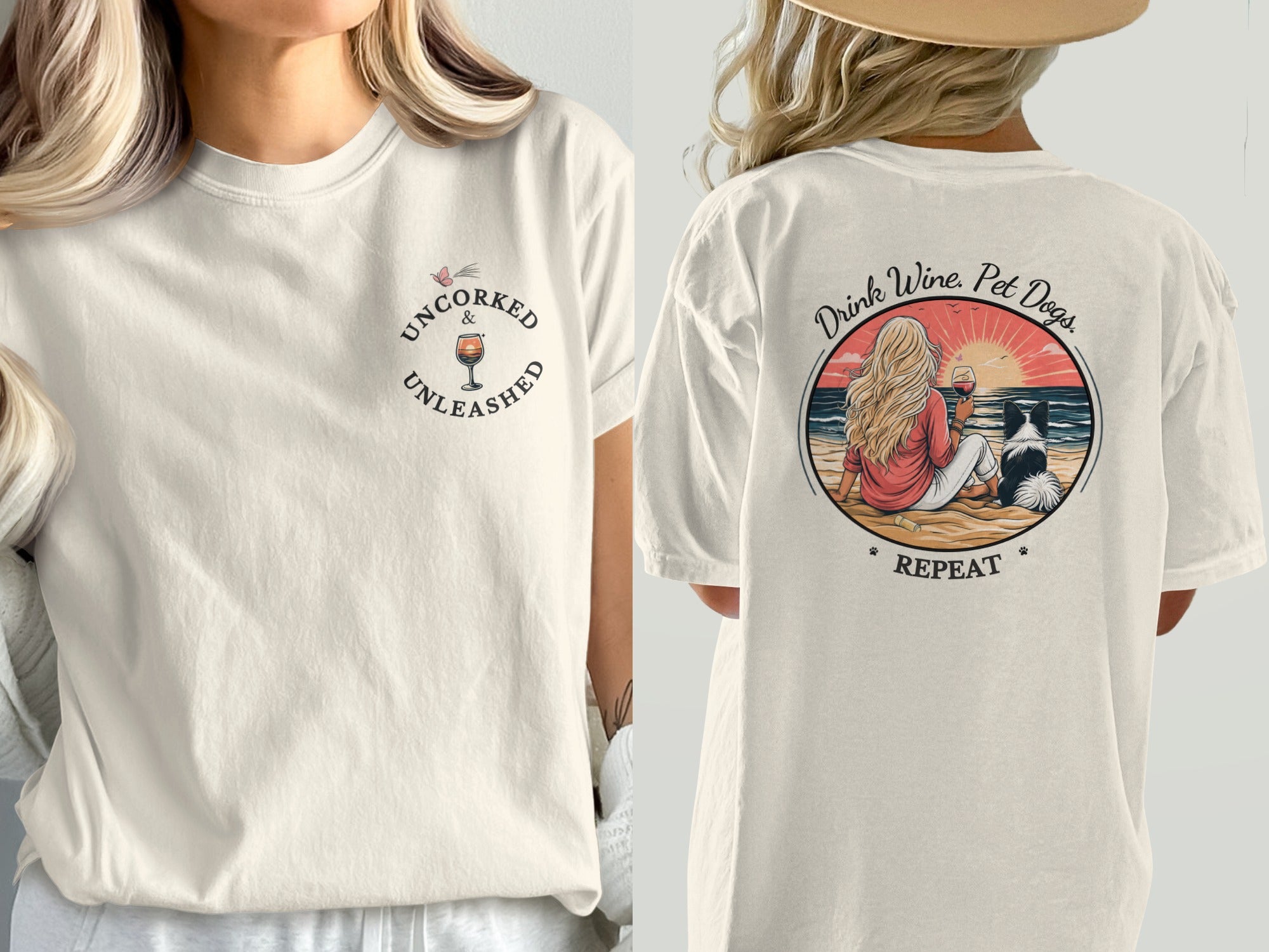 Cream t-shirt with "Drink Wine. Pet Dogs. Repeat." sunset graphic on back.