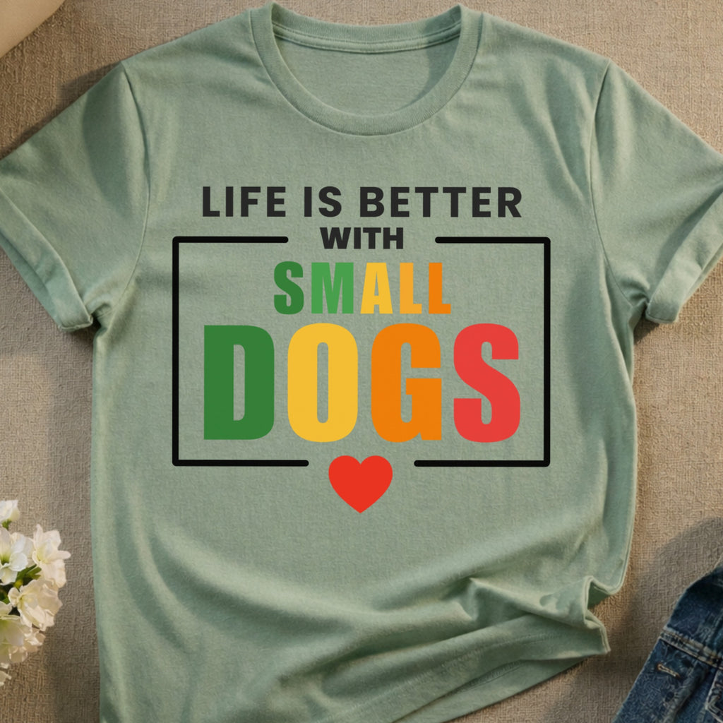 Green t-shirt with "LIFE IS BETTER WITH SMALL DOGS" text and a heart.