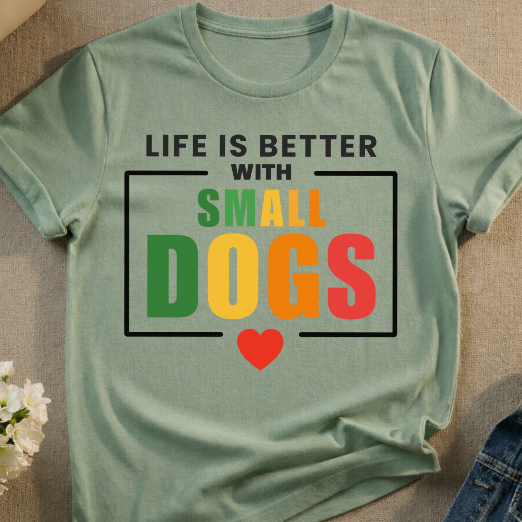 Green t-shirt with "LIFE IS BETTER WITH SMALL DOGS" text and a heart.
