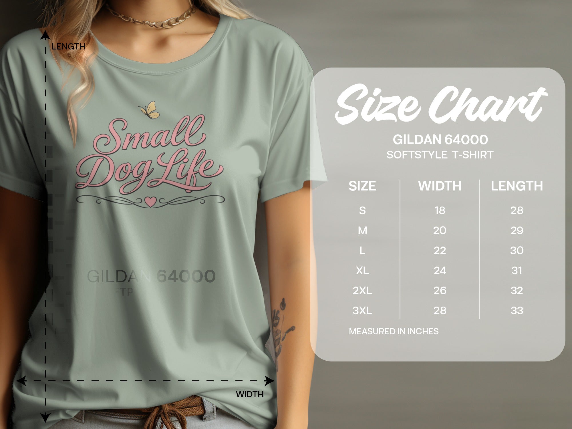 Gildan 64000 Softstyle t-shirt size chart with "Small Dog Life" graphic.