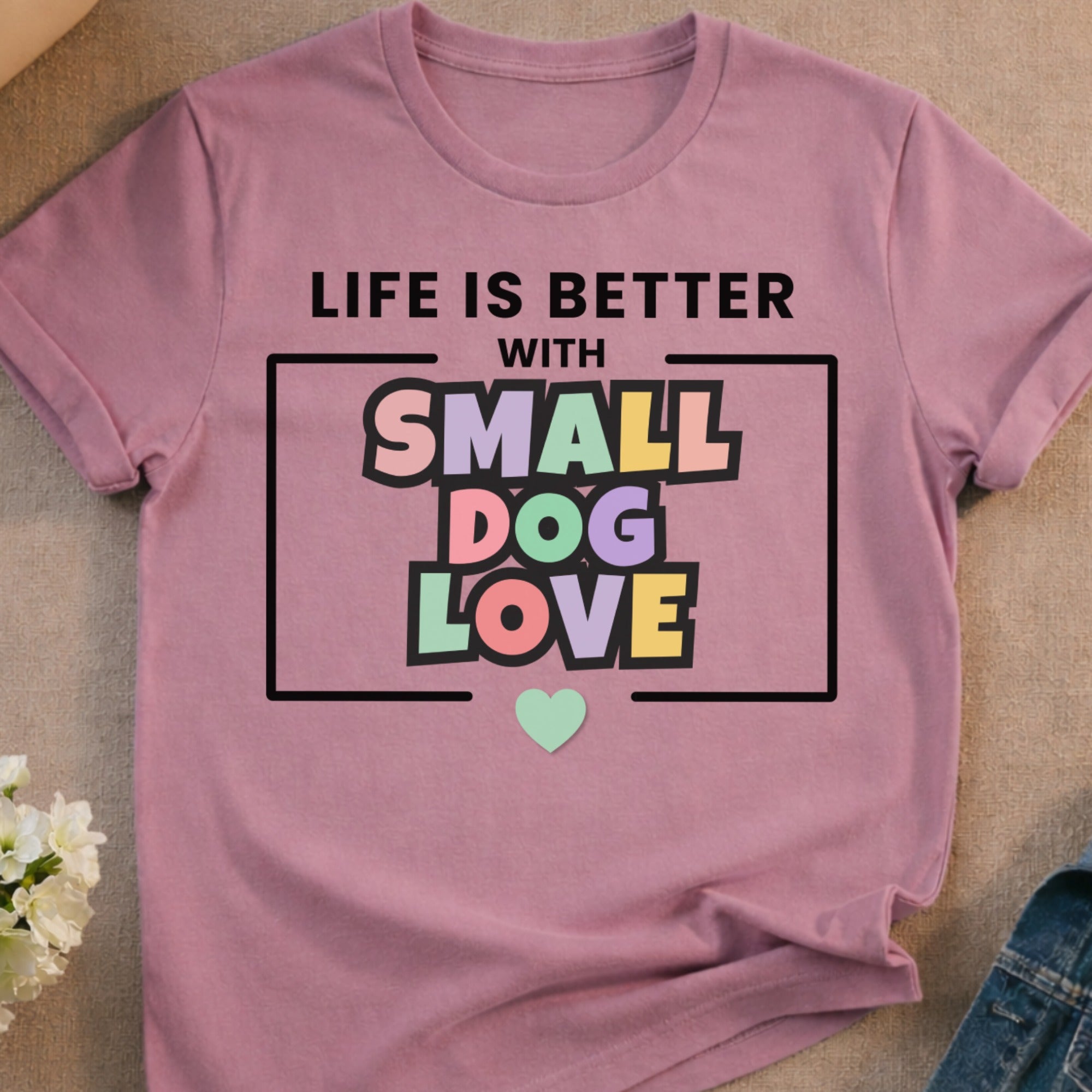 Purple t-shirt with "Life is Better with Small Dog Love" text and a heart.