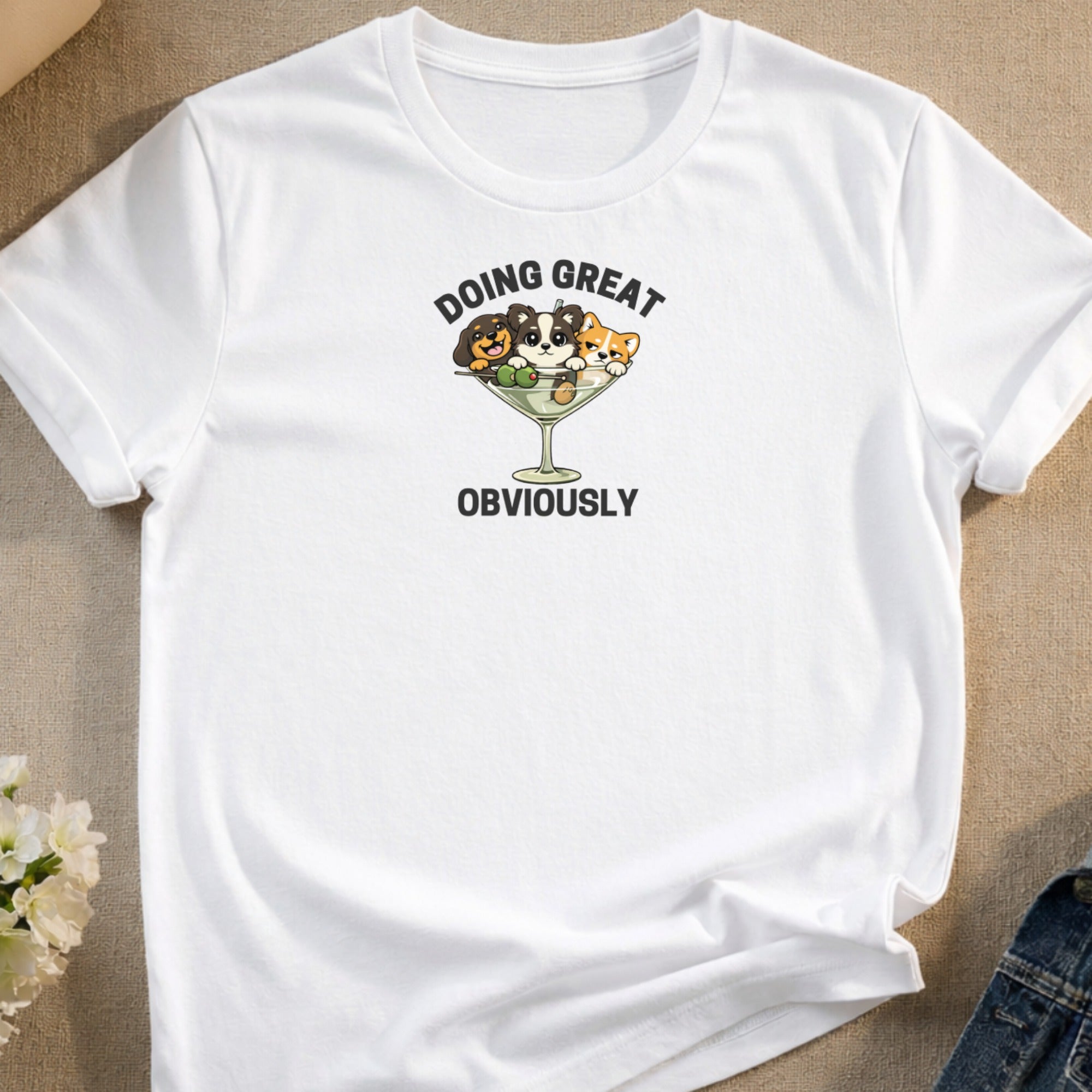 White t-shirt with cartoon dogs in a martini glass, text "DOING GREAT OBVIOUSLY".