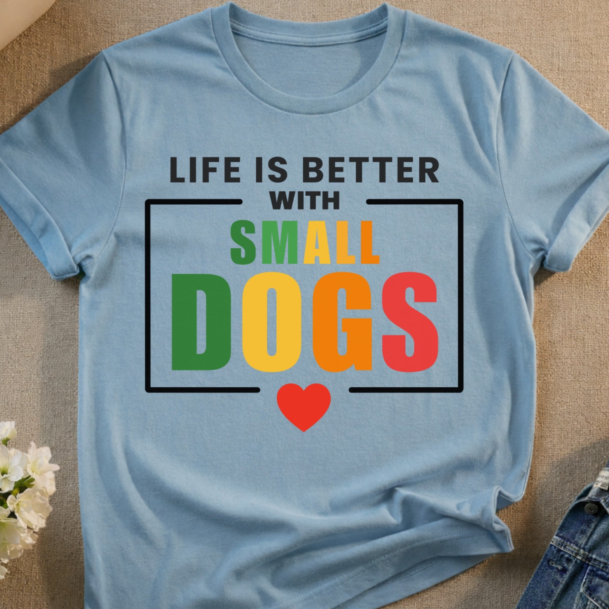 Light blue t-shirt with "LIFE IS BETTER WITH SMALL DOGS" text.