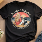 Woman and dog on beach at sunset with "Uncorked & Unleashed Drink Wine * Pet A Dog" text.