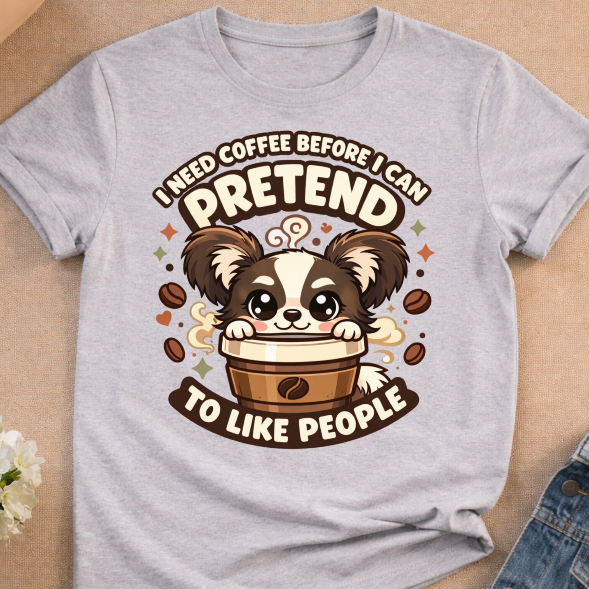 Cute cartoon dog wearing a coffee cup hat with text "I need coffee before I can pretend to like people".