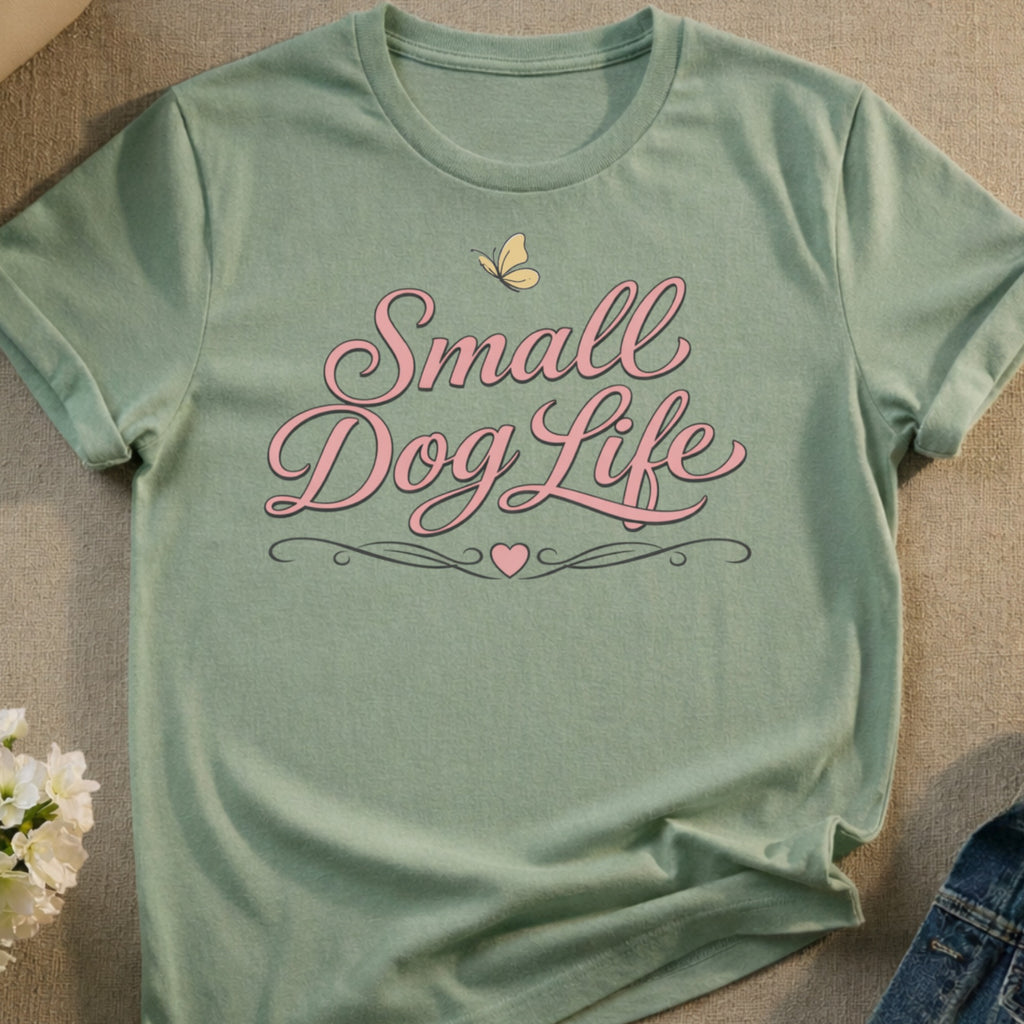 Green t-shirt with "Small Dog Life" text and a butterfly.