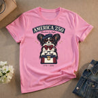 America 250 Dog Graphic Freedom in Style Pink T-shirt