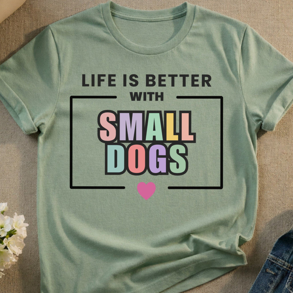 Sage green t-shirt with "Life is Better with Small Dogs" text and pink heart.