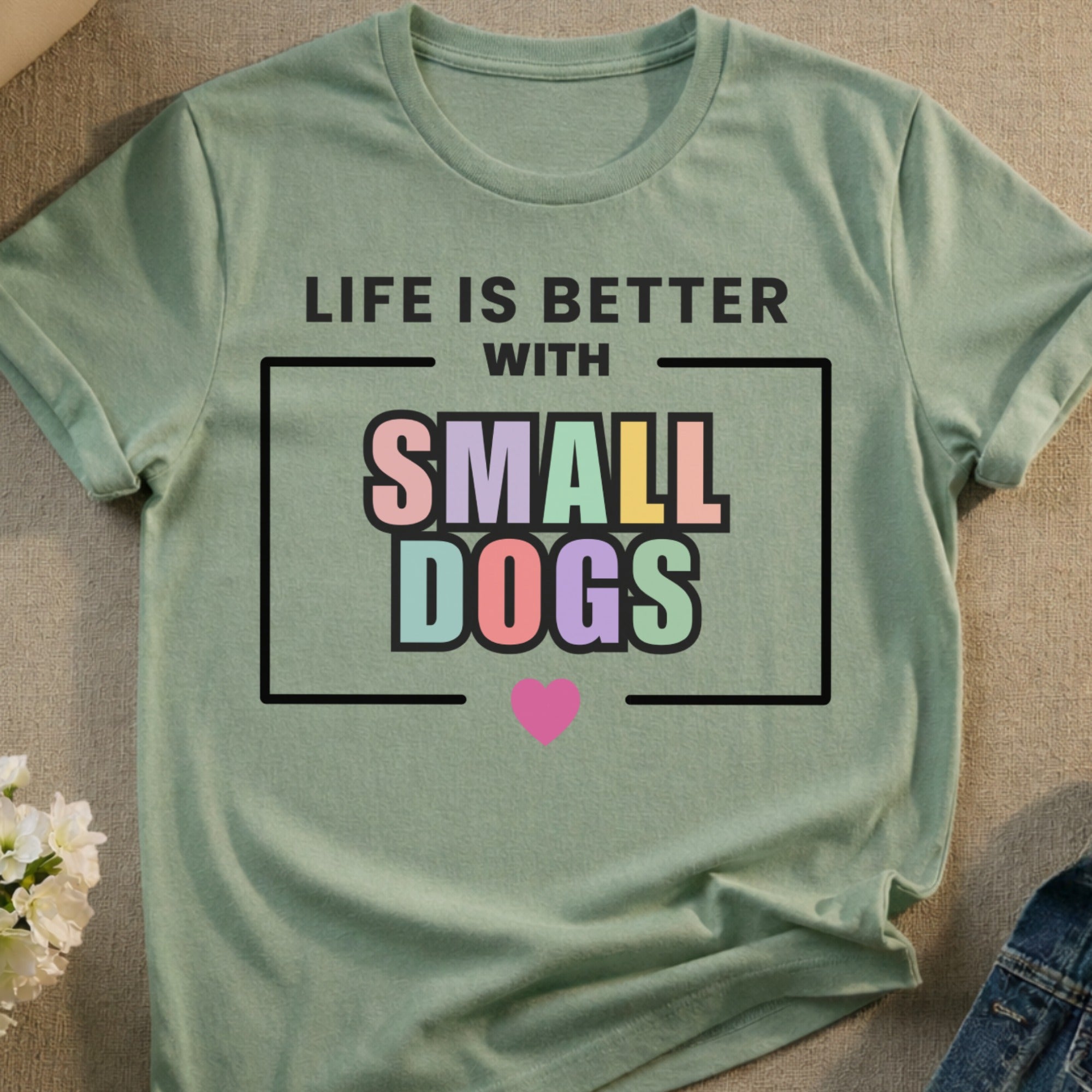 Sage green t-shirt with "Life is Better with Small Dogs" text and pink heart.