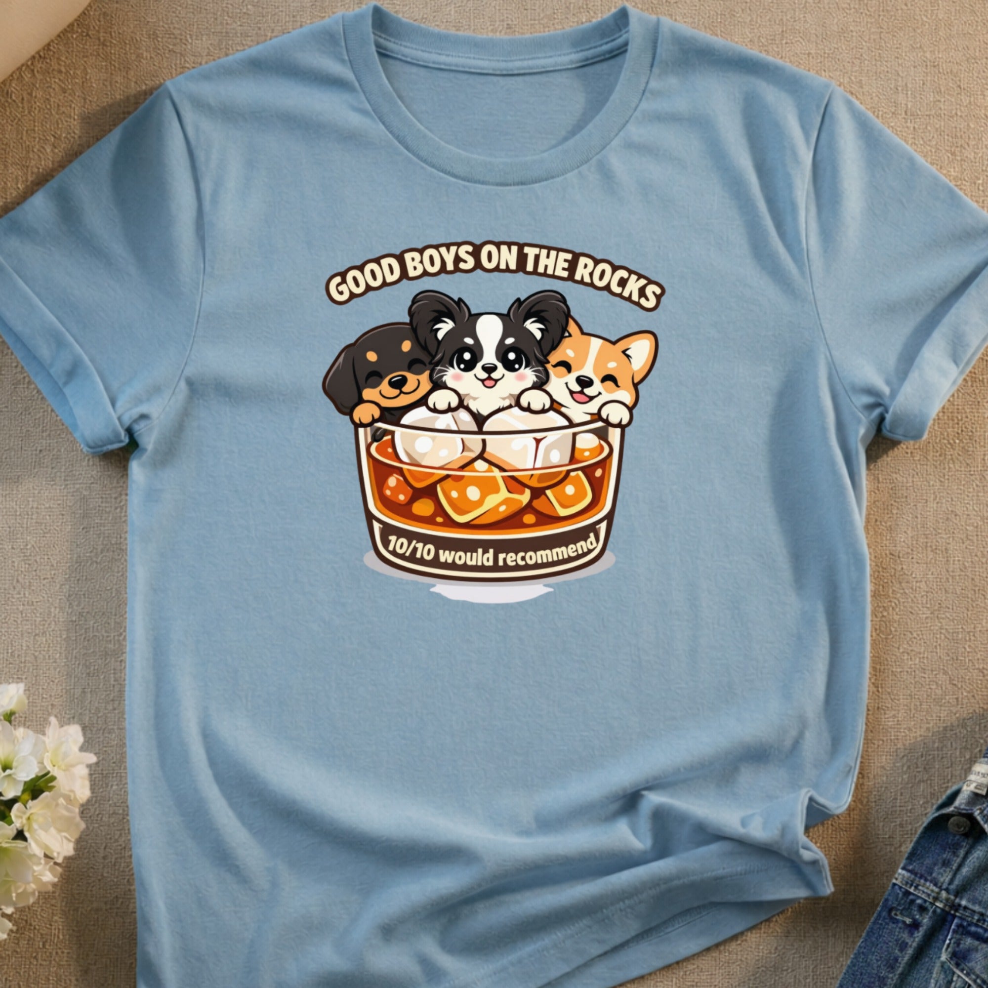 Cute puppies in a glass of ice with "Good Boys on the Rocks" text.