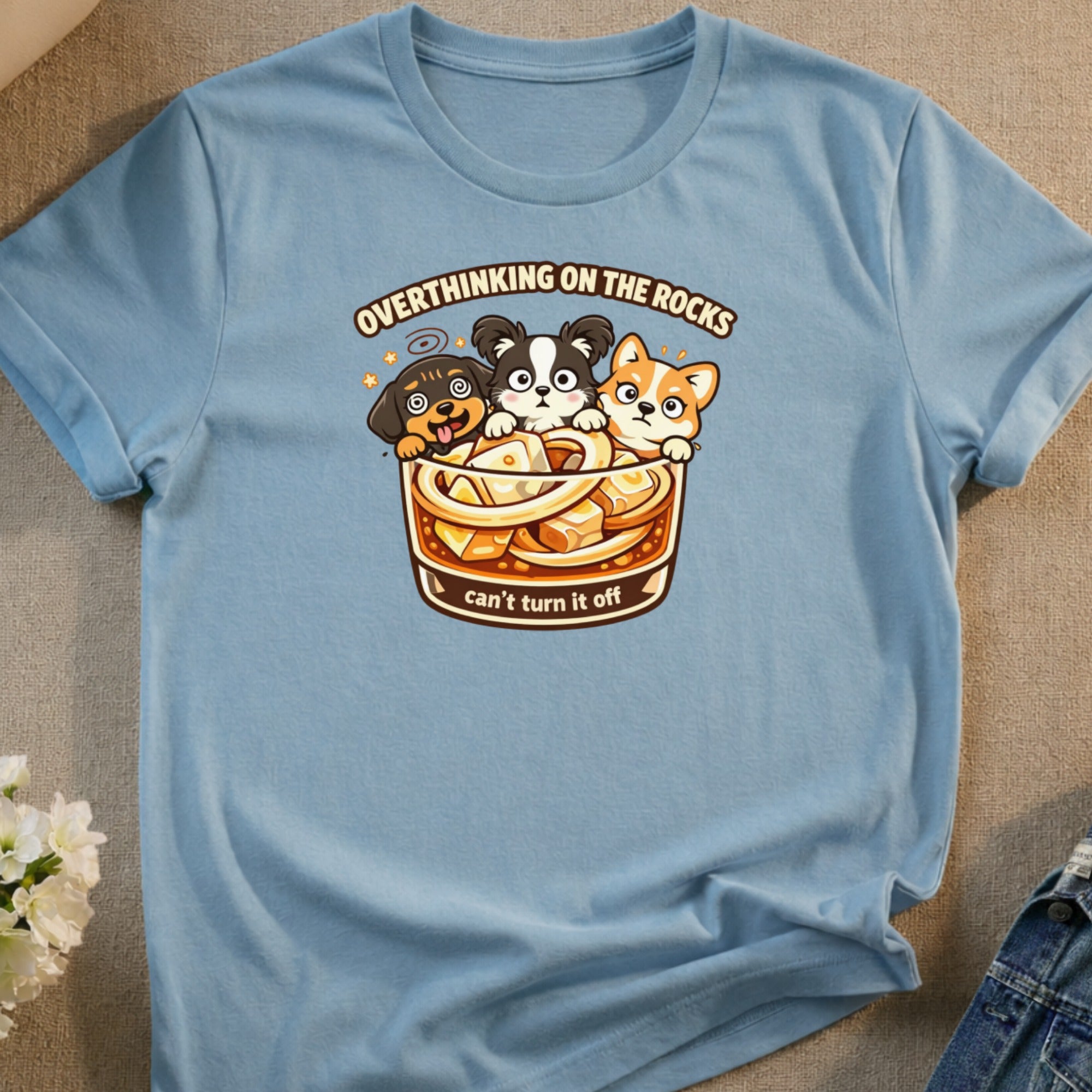 Cartoon dogs in a bowl of ice cream with text "Overthinking on the Rocks".