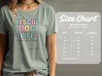 T-shirt with "RESCUE DOG LIFE" graphic and Gildan 64000 size chart.