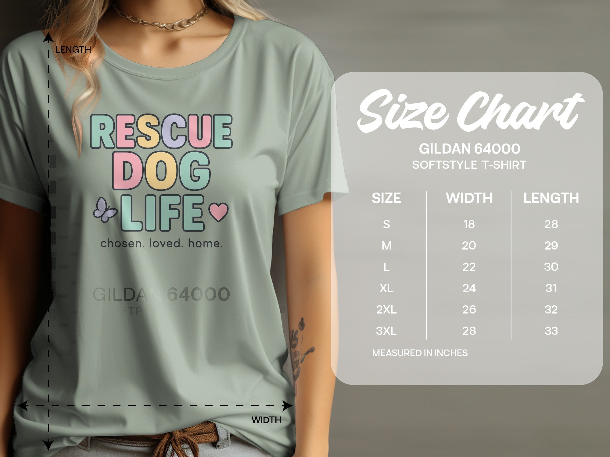 T-shirt with "RESCUE DOG LIFE" graphic and Gildan 64000 size chart.