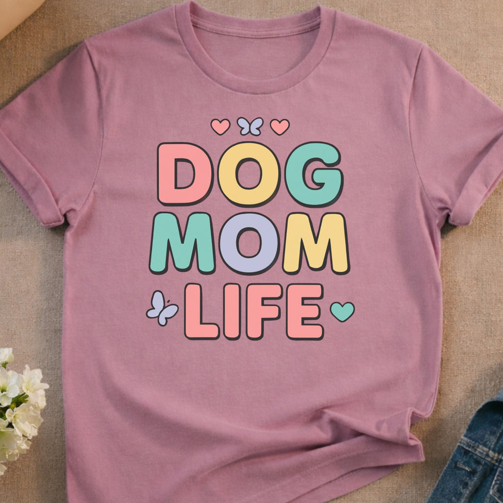 Purple t-shirt with "Dog Mom Life" text in pastel colors and heart accents.