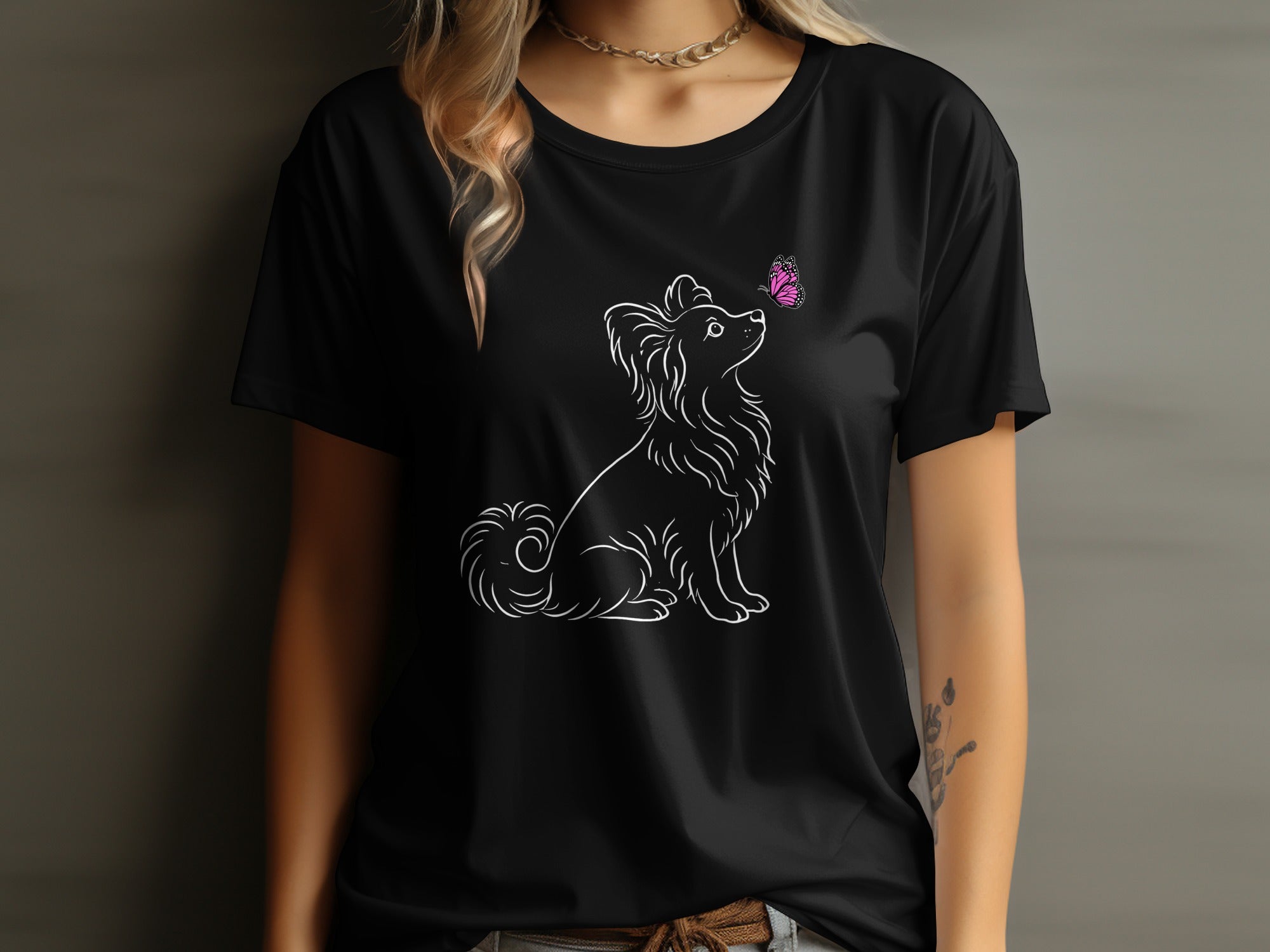 Cute Dog with Butterfly Design Black T-Shirt
