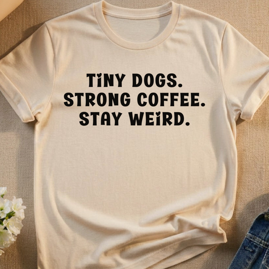 TINY DOGS. STRONG COFFEE. STAY WEIRD. T-Shirt product type