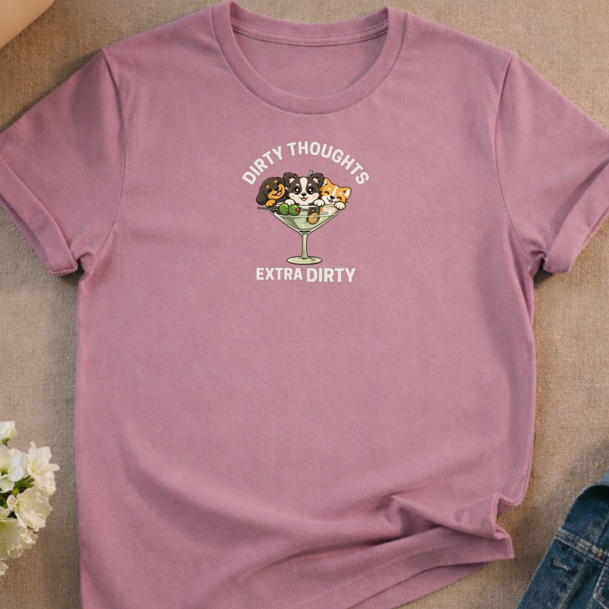 Lilac t-shirt with cartoon dogs and cats in a martini glass.