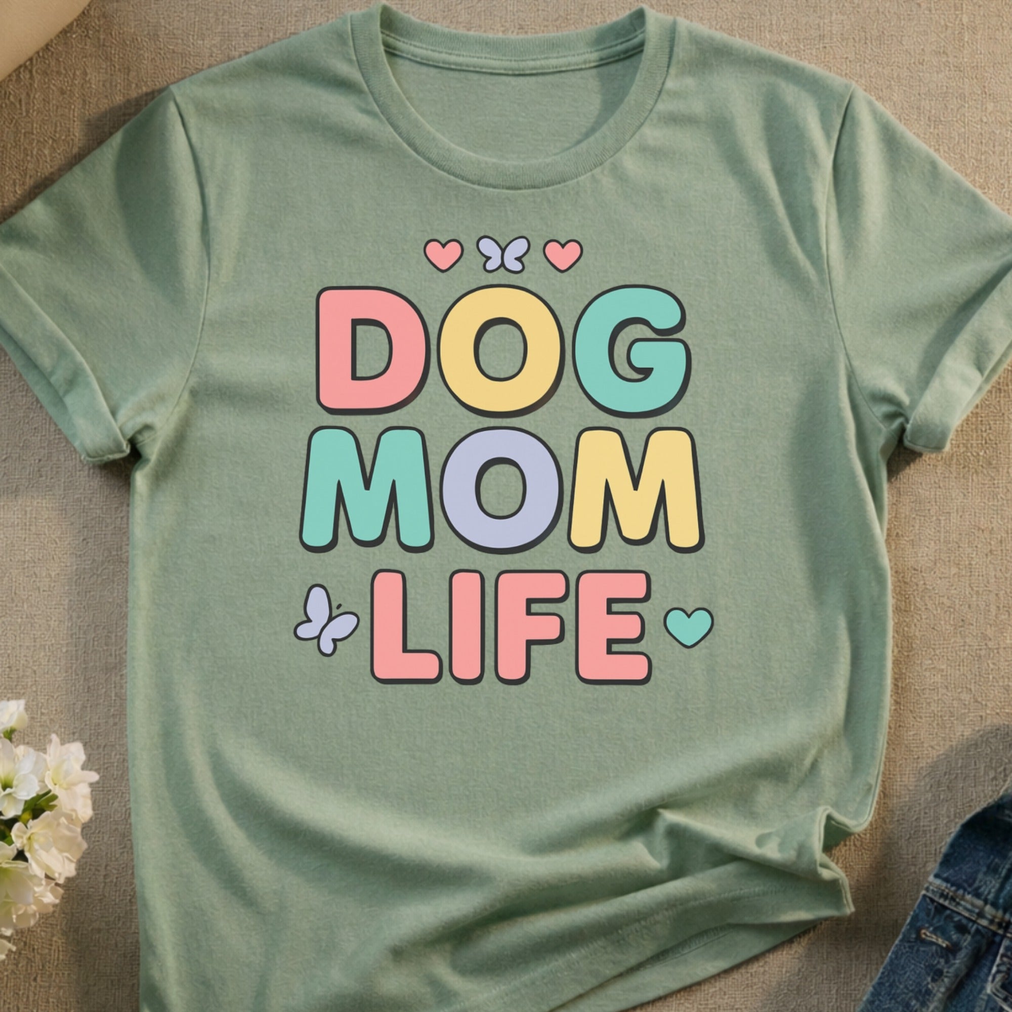 Sage green t-shirt with "DOG MOM LIFE" in colorful block letters.