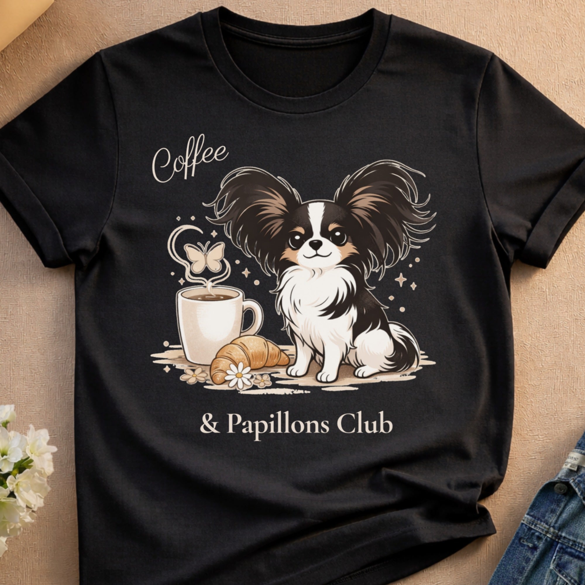 Coffee & Papillons Club Cute Papillon Dog Design T-shirt