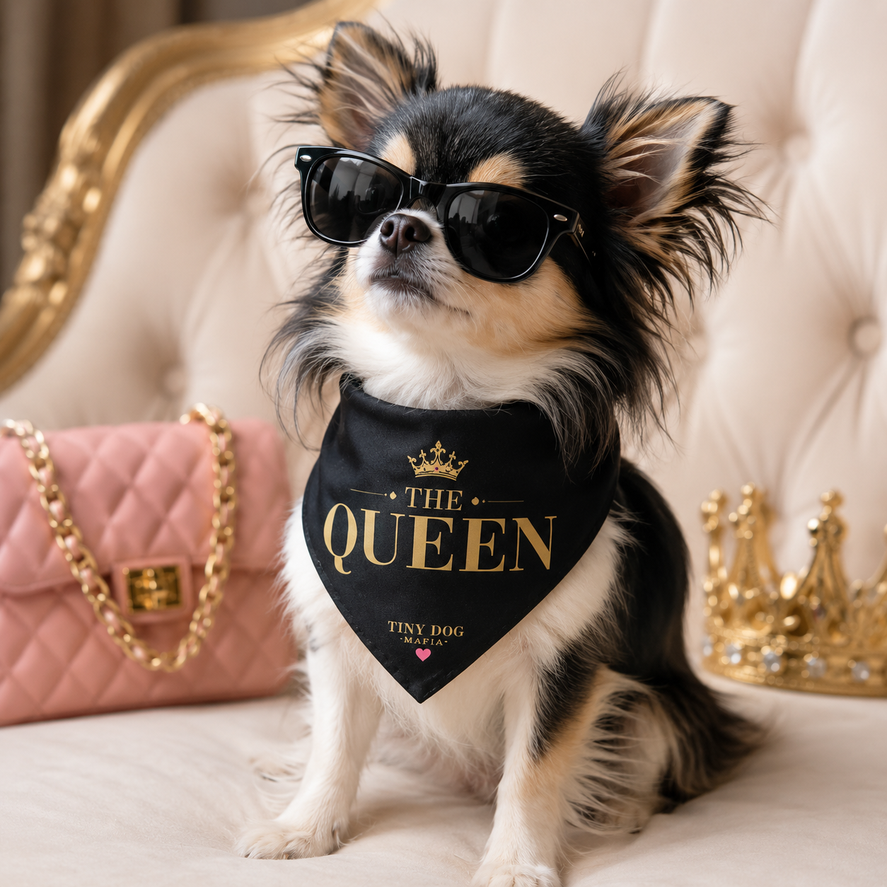 👑  The Queen – Tiny Dog Mafia™ Identity Bandana | Clip-On Pet Bandana
