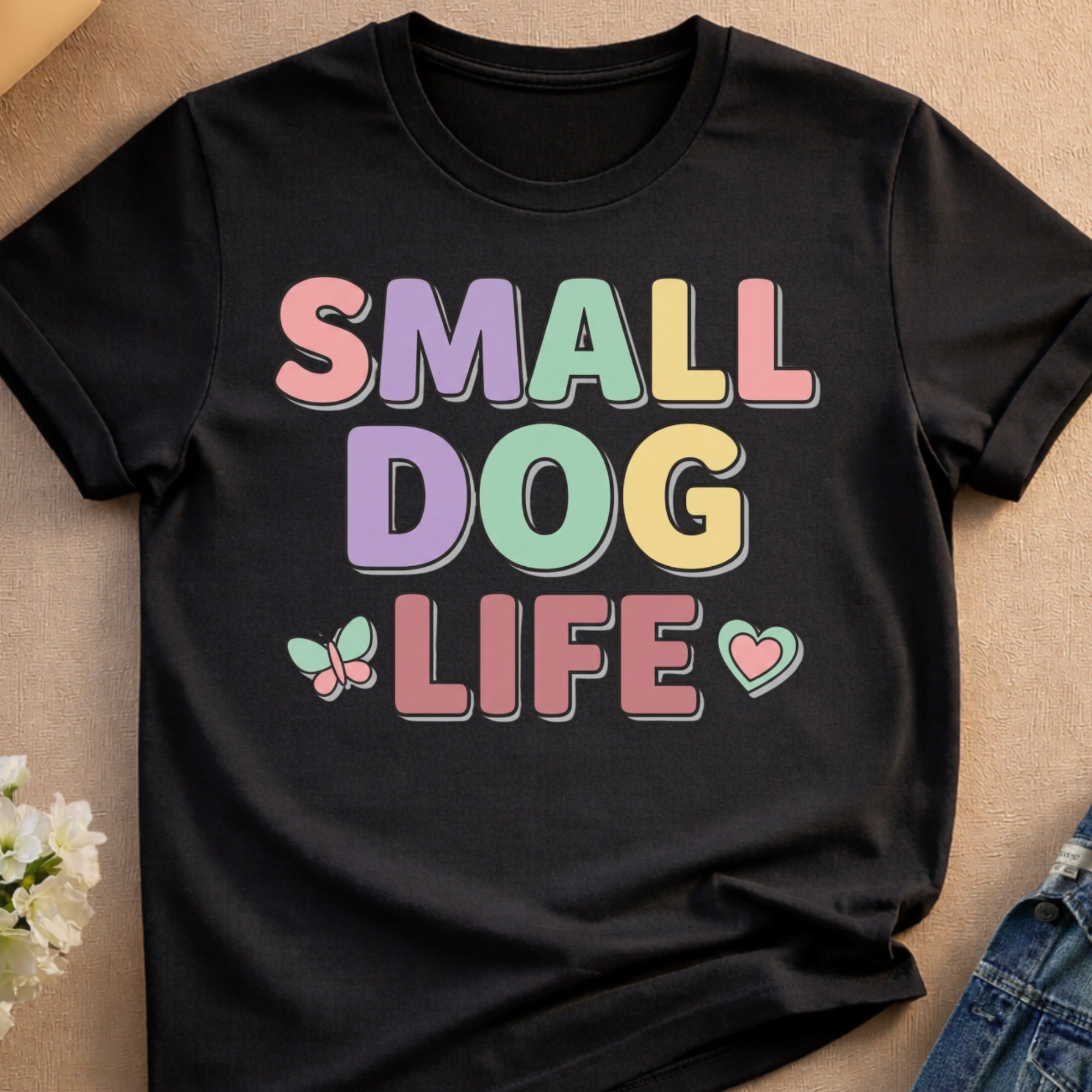 Black t-shirt with "SMALL DOG LIFE" text in pastel colors and butterfly accent.