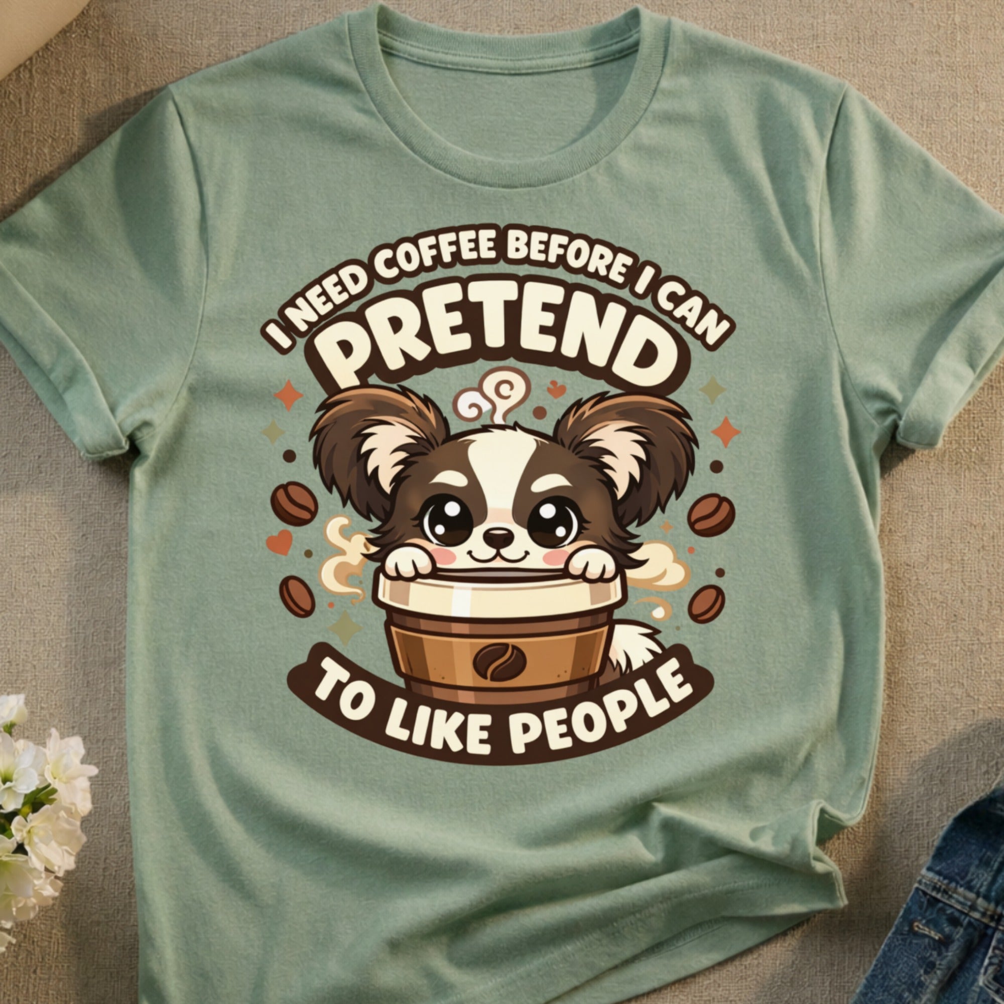 Green t-shirt with cartoon dog in coffee cup saying "I need coffee before I can pretend to like people".