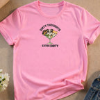 Pink t-shirt with "Dirty Thoughts Extra Dirty" and cartoon animals in a martini glass.
