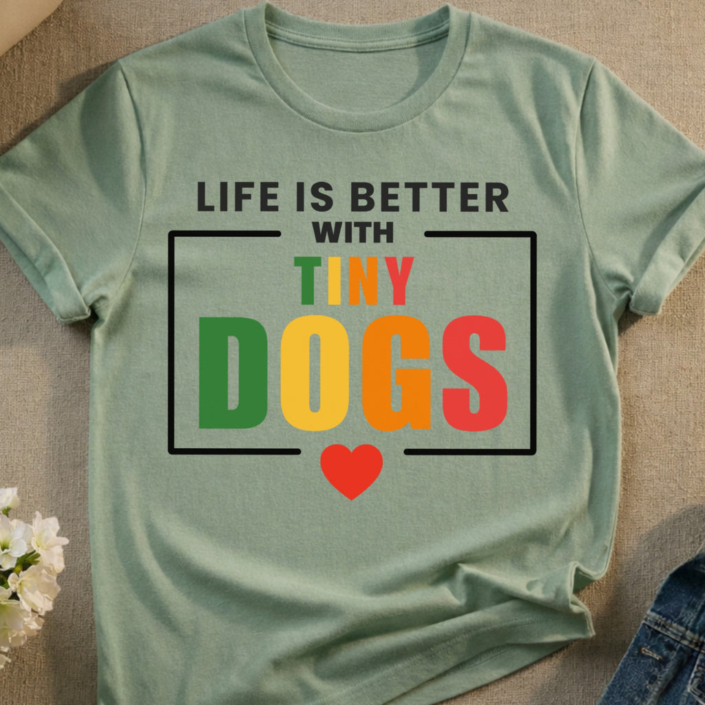 Light green t-shirt with "LIFE IS BETTER WITH TINY DOGS" text and a red heart.
