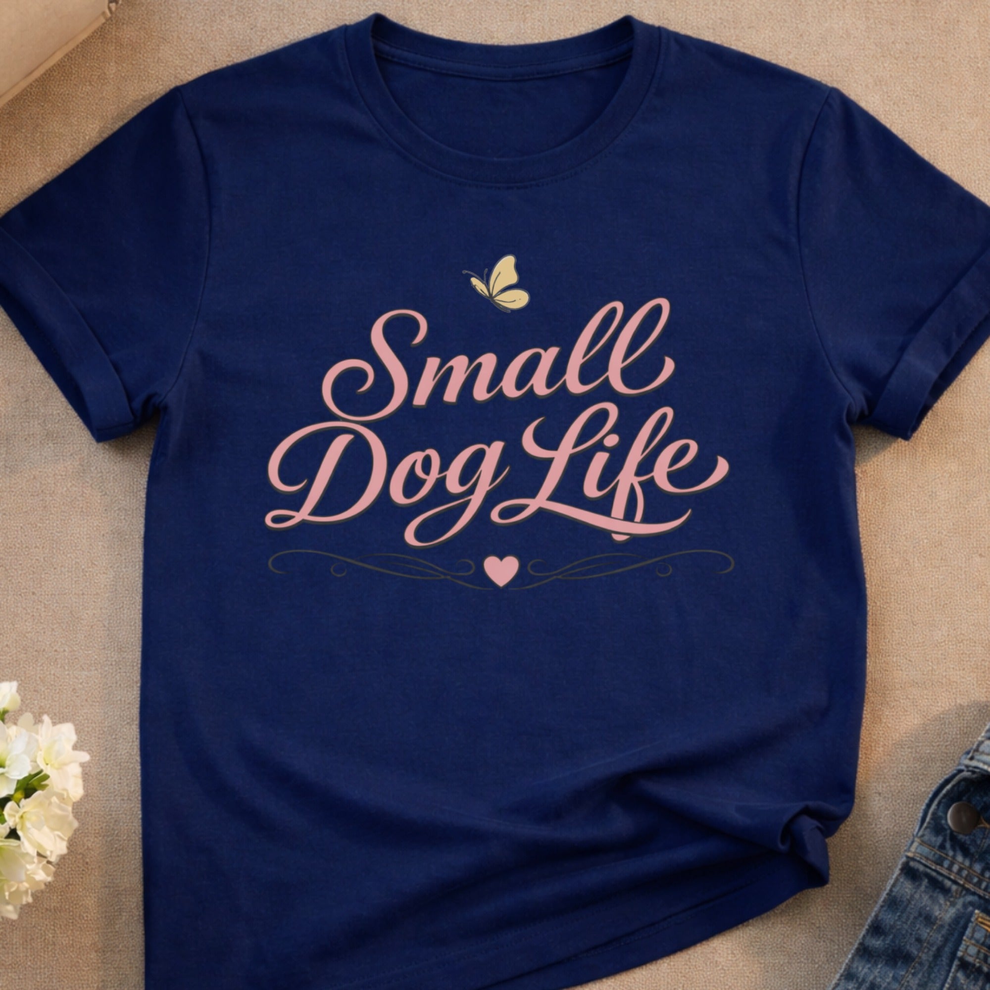 Navy t-shirt with "Small Dog Life" and decorative elements.