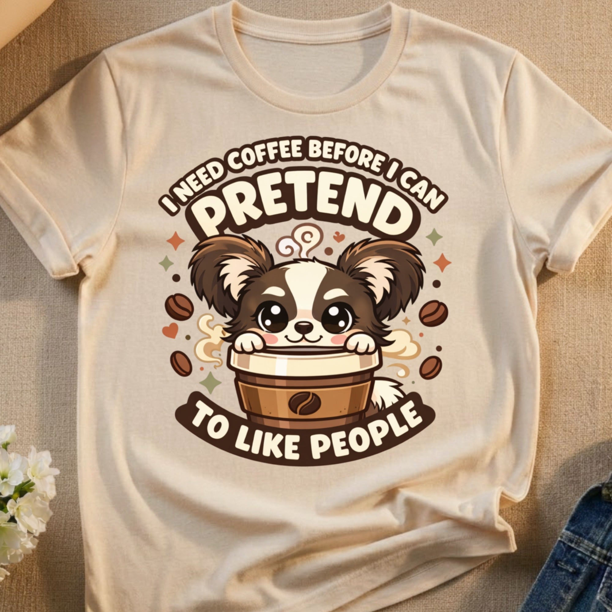T-shirt with a cartoon dog holding a coffee cup and the text "I need coffee before I can pretend to like people".