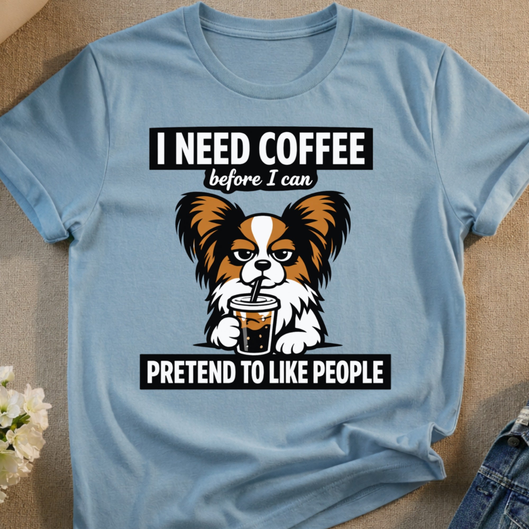 Dog wearing glasses, drinking coffee, with "I need coffee before I can pretend to like people" text.