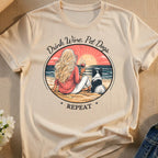 Woman and dog watch sunset with wine; "Drink Wine. Pet Dogs. Repeat."