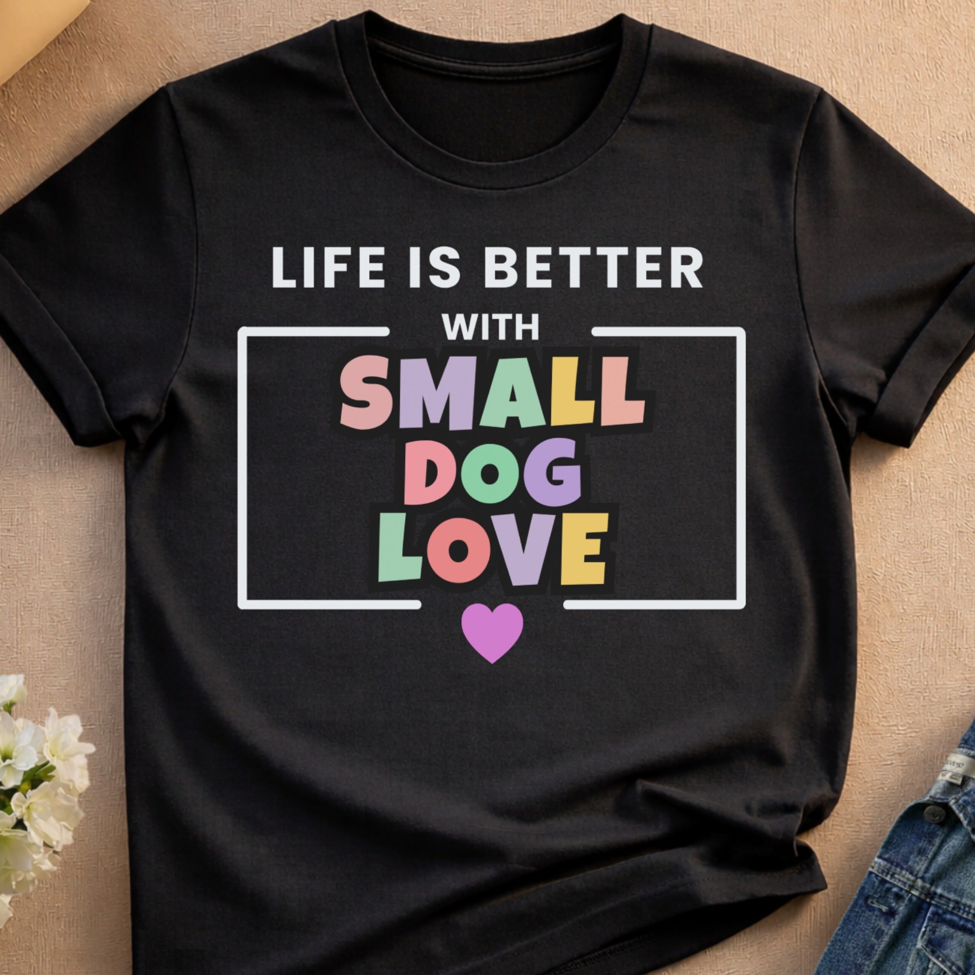 Black t-shirt with text "LIFE IS BETTER WITH SMALL DOG LOVE" and a heart.