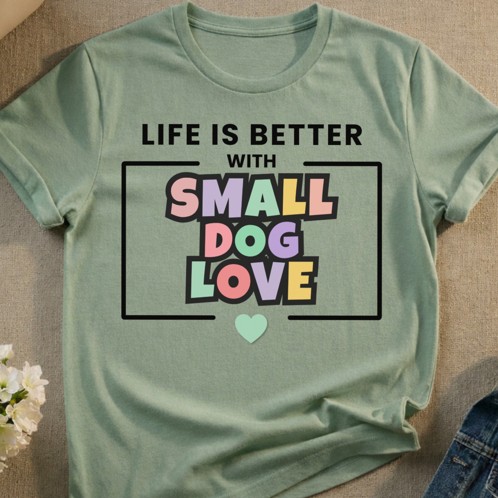 Sage green t-shirt with "Life is Better With Small Dog Love" text.