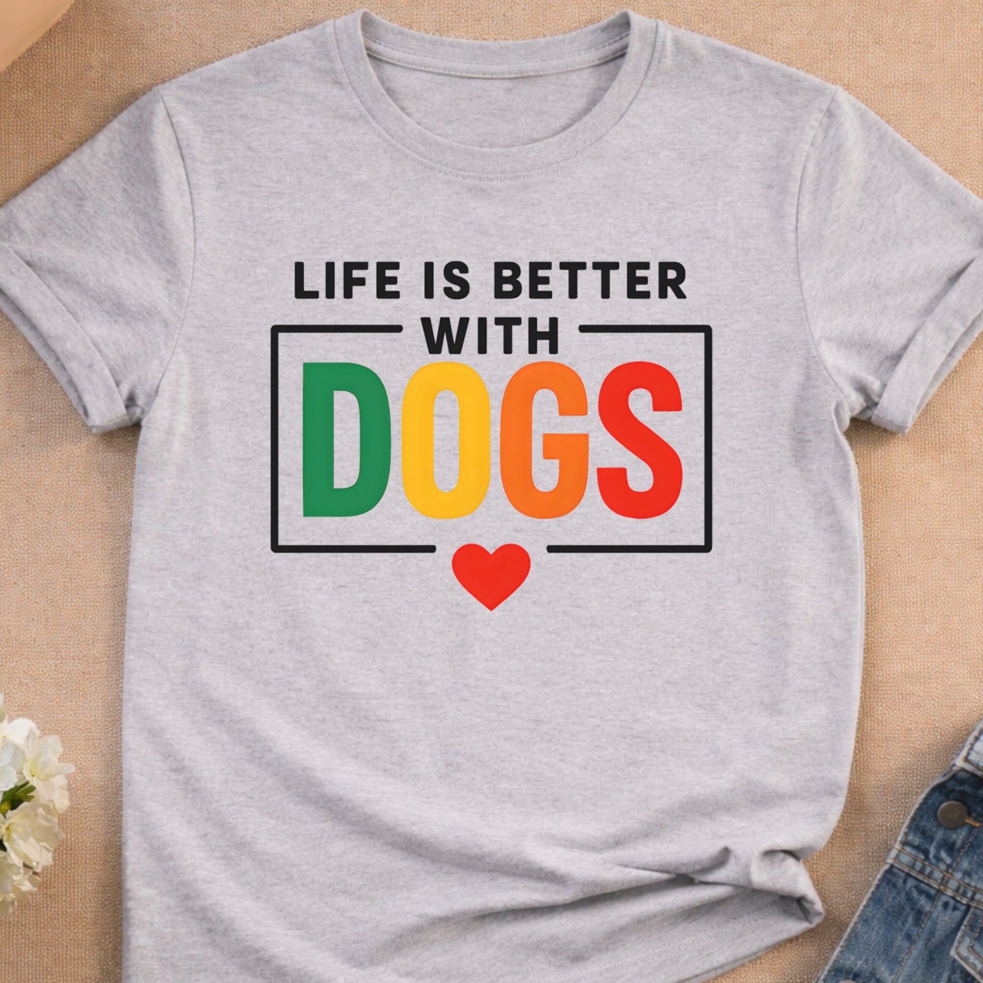 Gray t-shirt with "Life is Better With Dogs" text and colorful dog shapes.