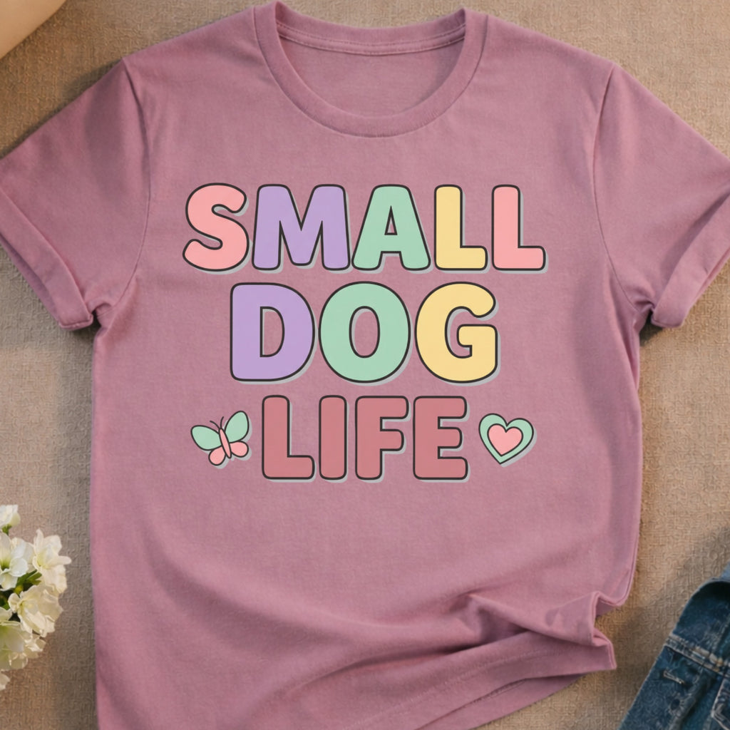 Purple t-shirt with "SMALL DOG LIFE" in pastel letters and small butterfly and heart graphics.