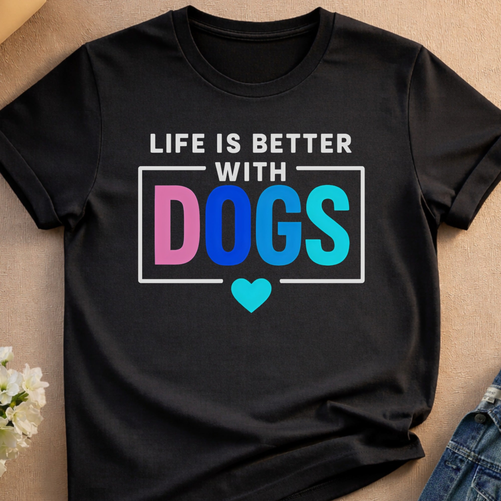 Black t-shirt with "Life is Better With Dogs" text and a heart.