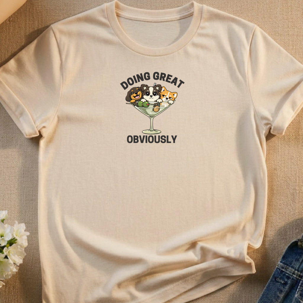 T-shirt with cartoon dogs in a martini glass, text "Doing Great Obviously".