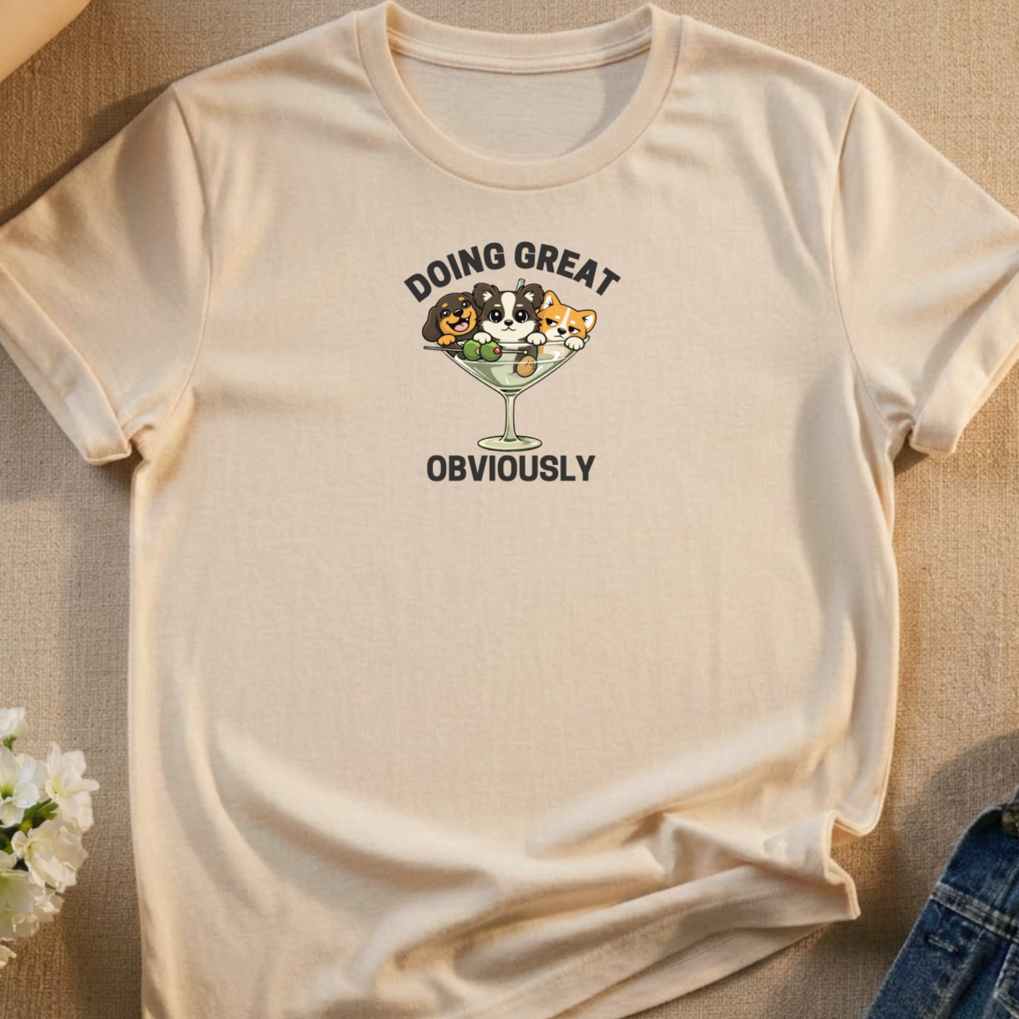 T-shirt with cartoon dogs in a martini glass, text "Doing Great Obviously".