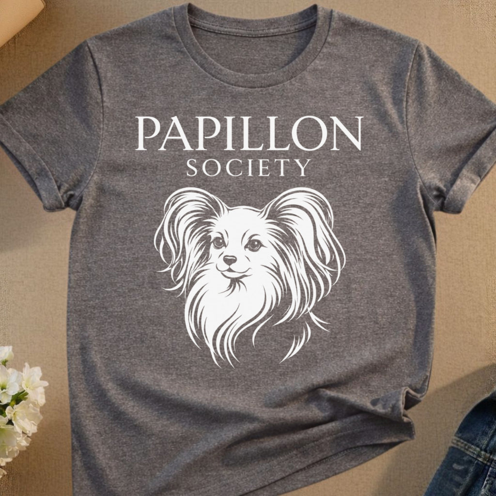 Dark gray t-shirt with "PAPILLON SOCIETY" and a white papillon dog illustration.