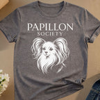 Dark gray t-shirt with "PAPILLON SOCIETY" and a white papillon dog illustration.
