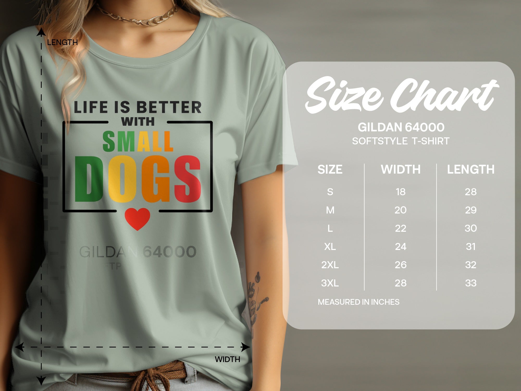 T-shirt with "Life is Better with Small Dogs" graphic and size chart.