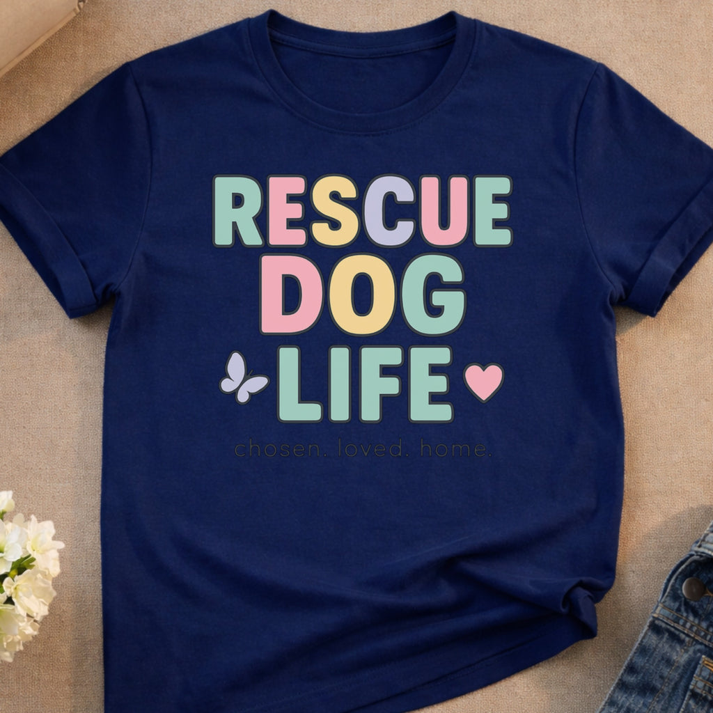 Navy t-shirt with "RESCUE DOG LIFE" text and dog paw prints.
