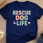 Navy t-shirt with "RESCUE DOG LIFE" text and dog paw prints.