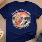 Woman with blonde hair drinks wine on beach with dog, text "Uncorked & Unleashed".